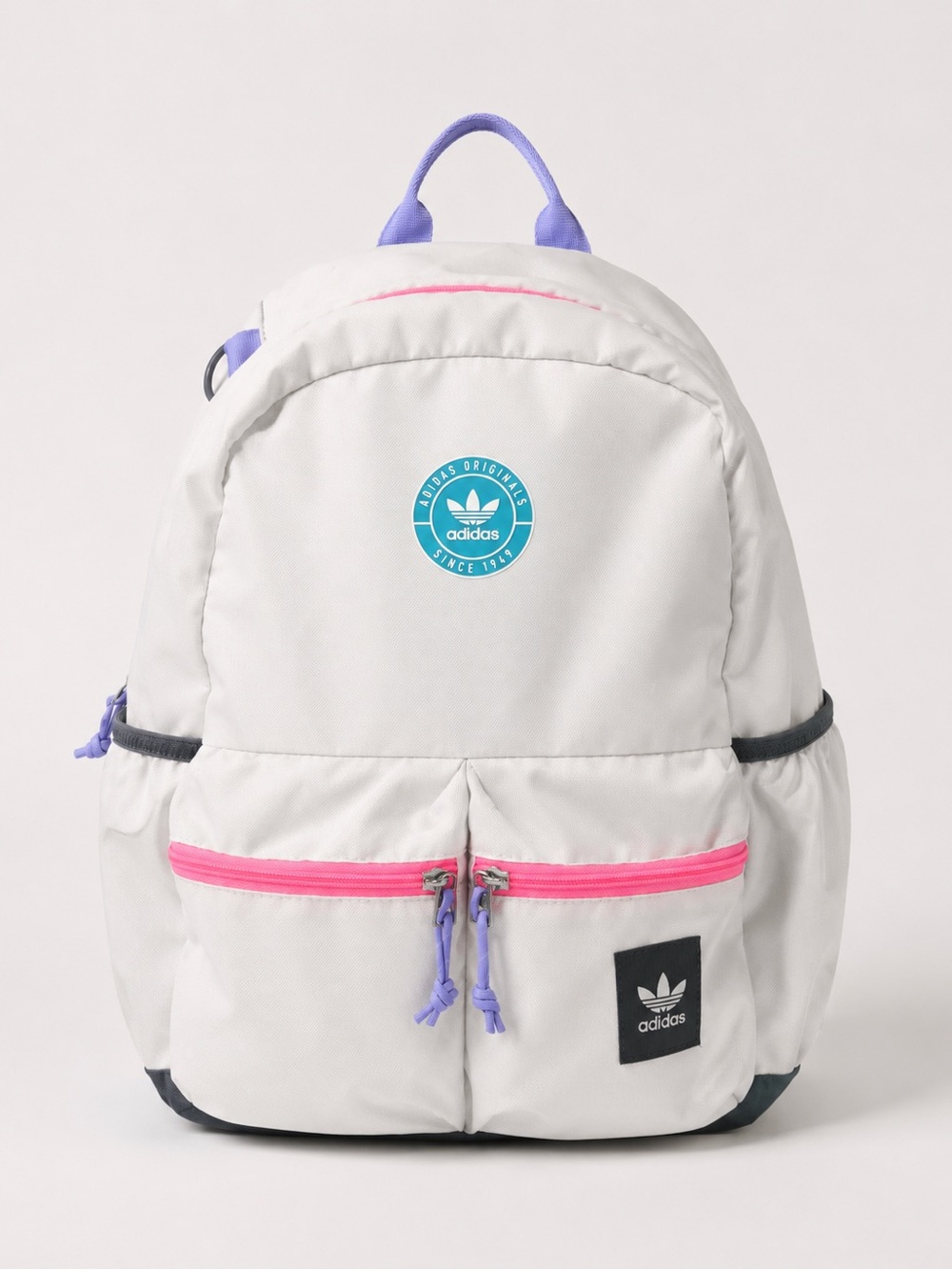 adidas White Backpack with Pink Zipper & Purple Handles